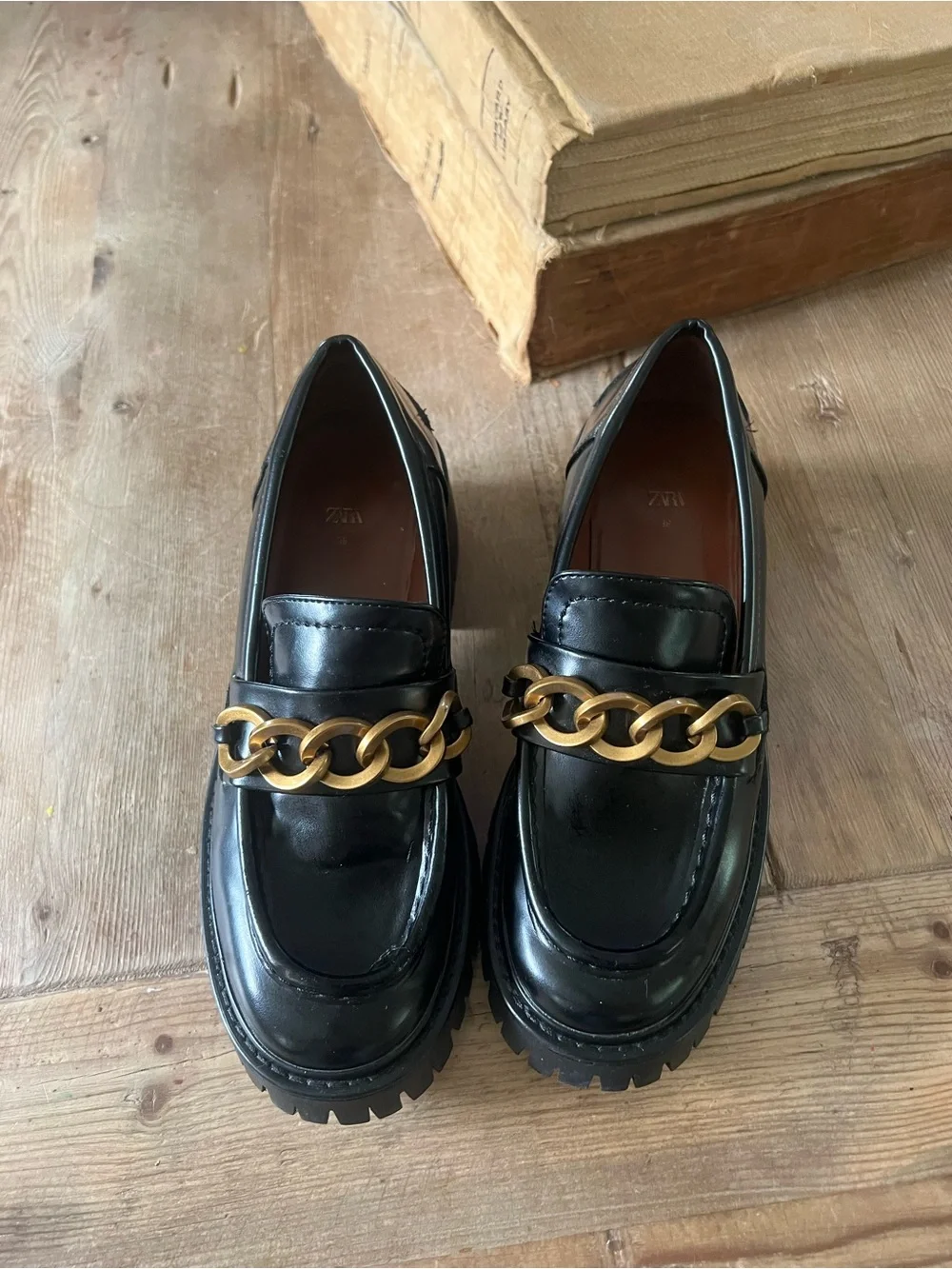 Zara woman’s Black Leather Loafers with Gold Chain